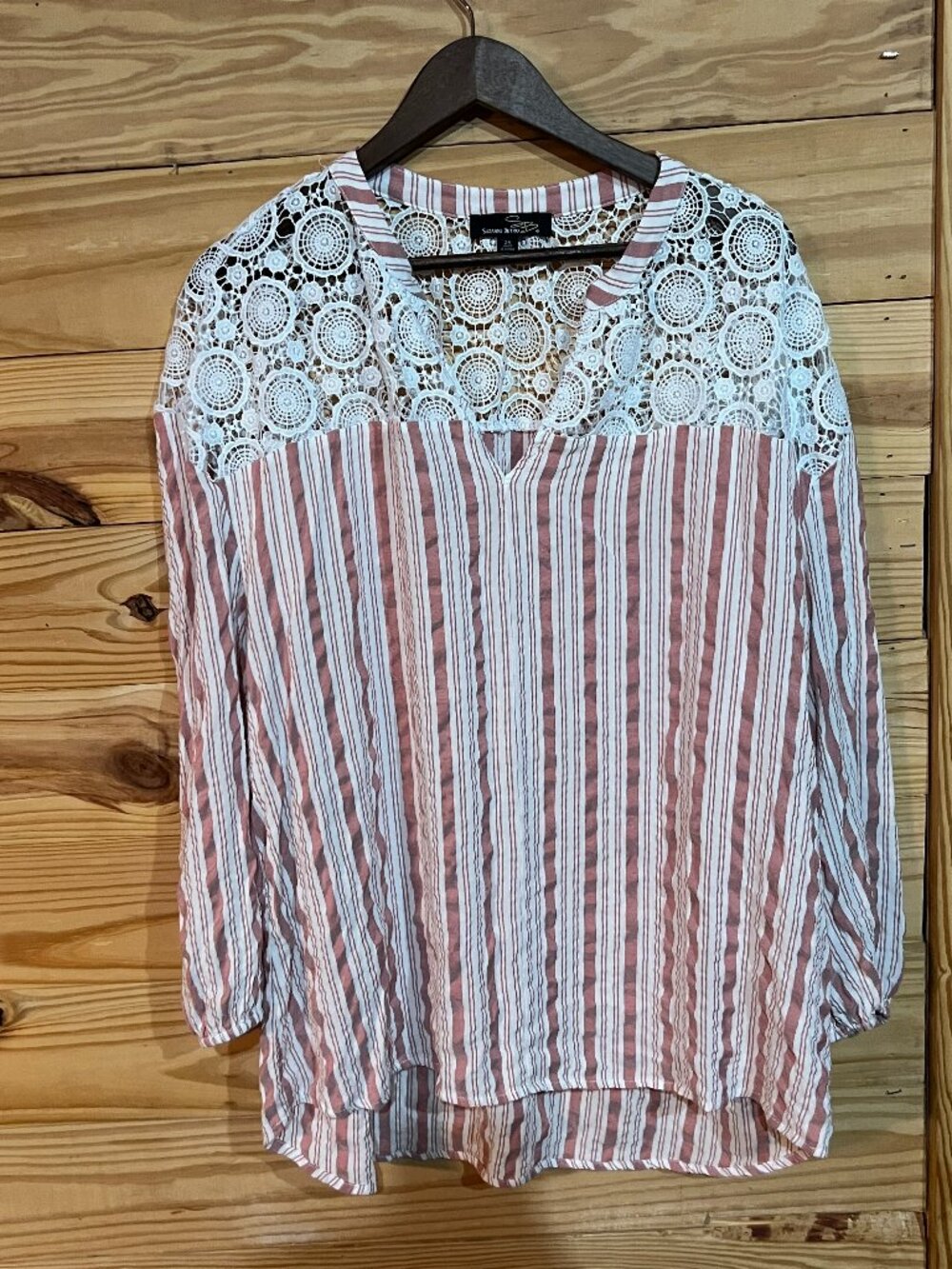Women's Suzanne Betro Red White Striped Lace Bodice Boho 3/4 Sleeve Blouse 2XL‎